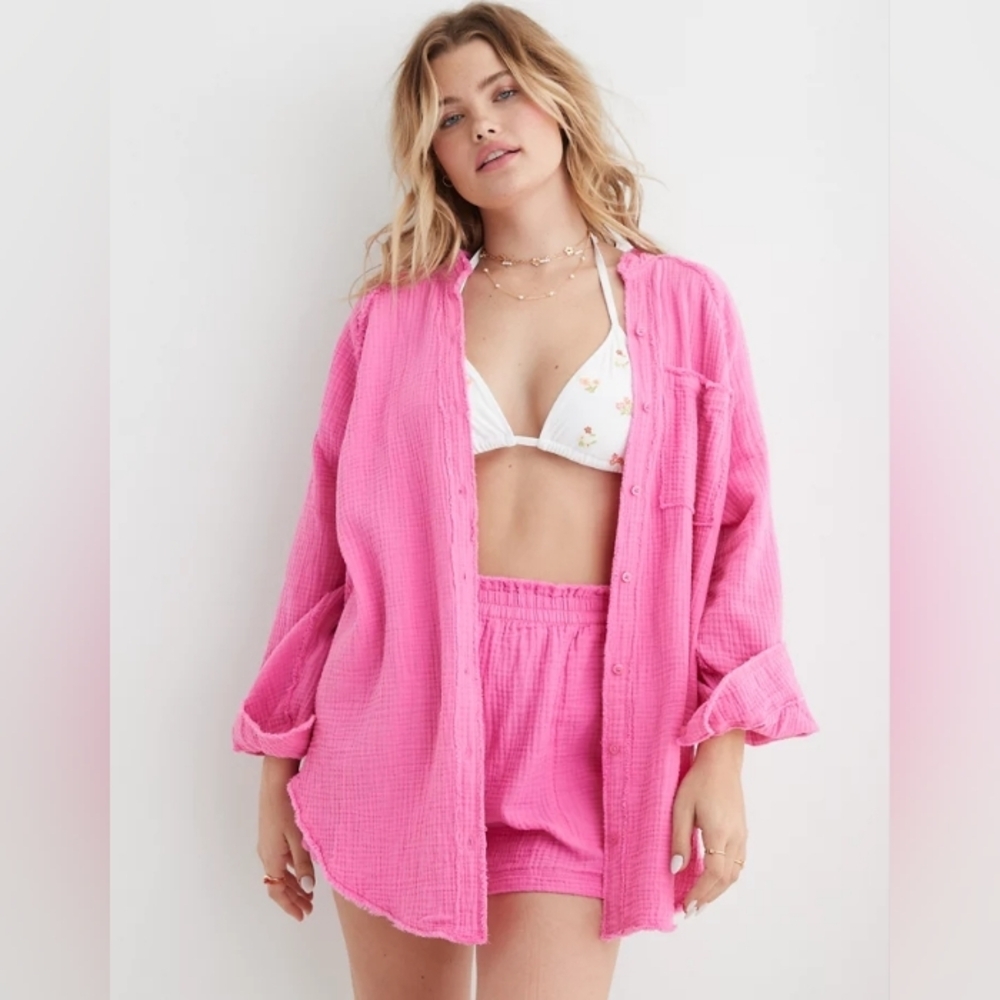 Aerie Gauzy Oversized Coverup Shirt In Lip Gloss Sz S